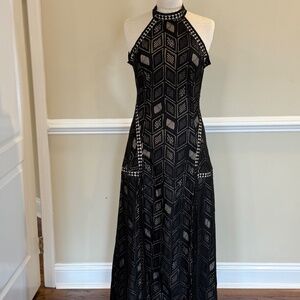 Black Lace Geometric Gown – Halter Neck, Dual Front Slits, Open Back, Sheer Deta